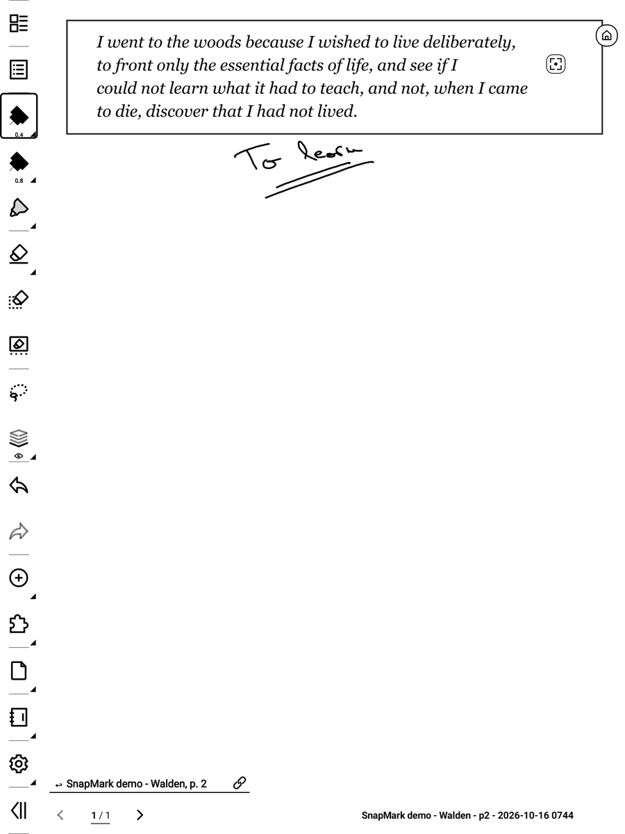 The quote in a new note, with a handwritten note under it and a link back to page 2.