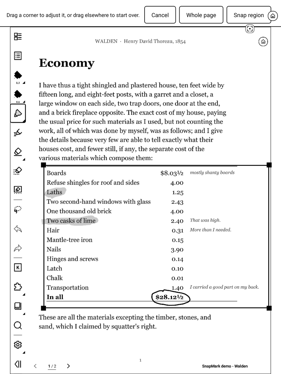 SnapMark's selection screen with a box drawn around a table.