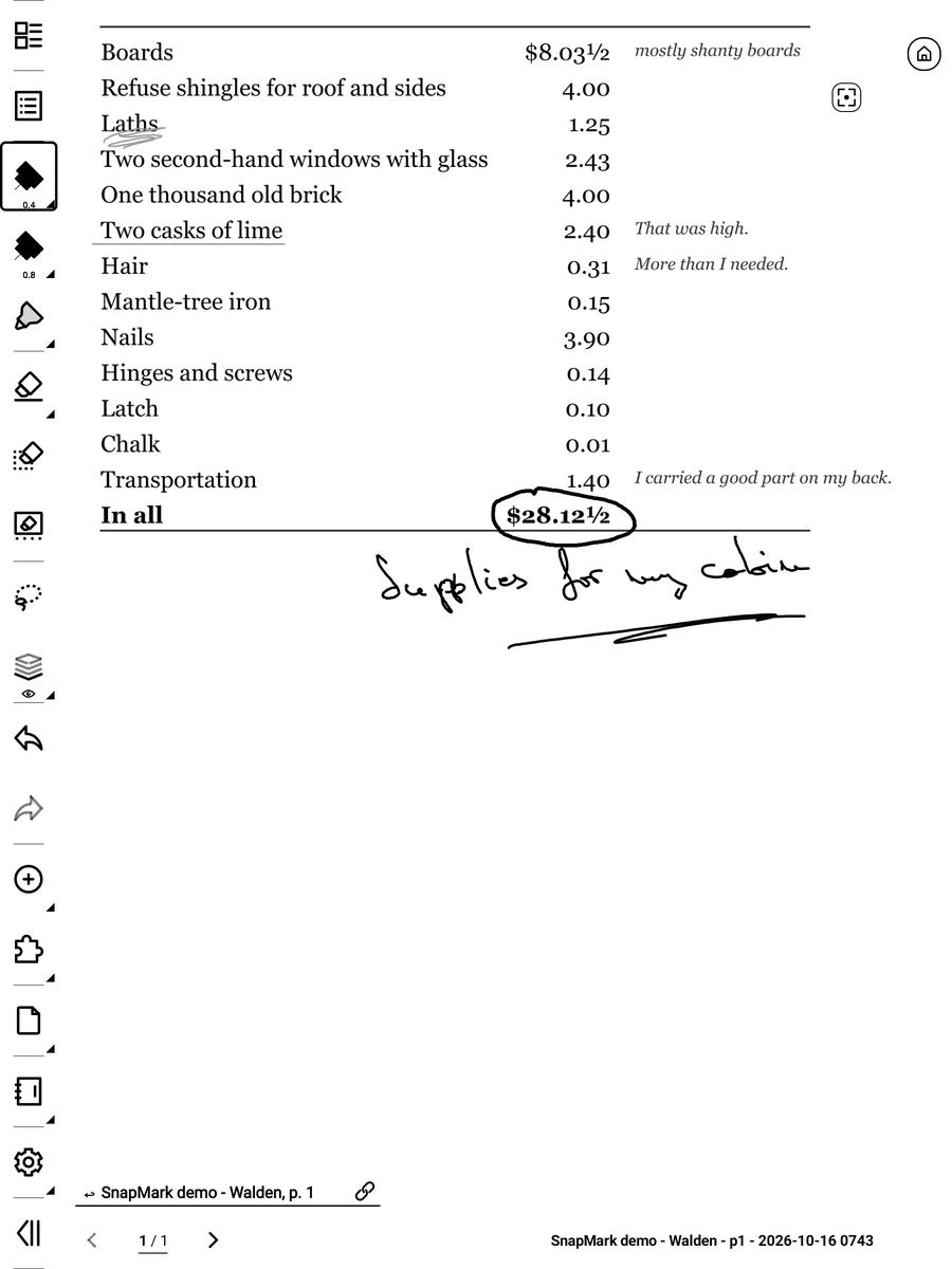 A SnapMark note: a cut-out of a table from a PDF at the top, the reader's circle and underlines kept as ink, and a handwritten line below it.